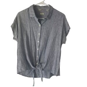 Coastal Cowgirl Women's Medium Linen Blue Striped Button Up Tie‎ Shirt